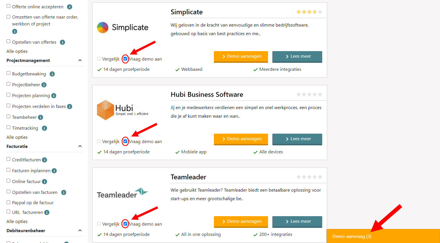 Software demonstratie aanvragen op vergelijkingspagina