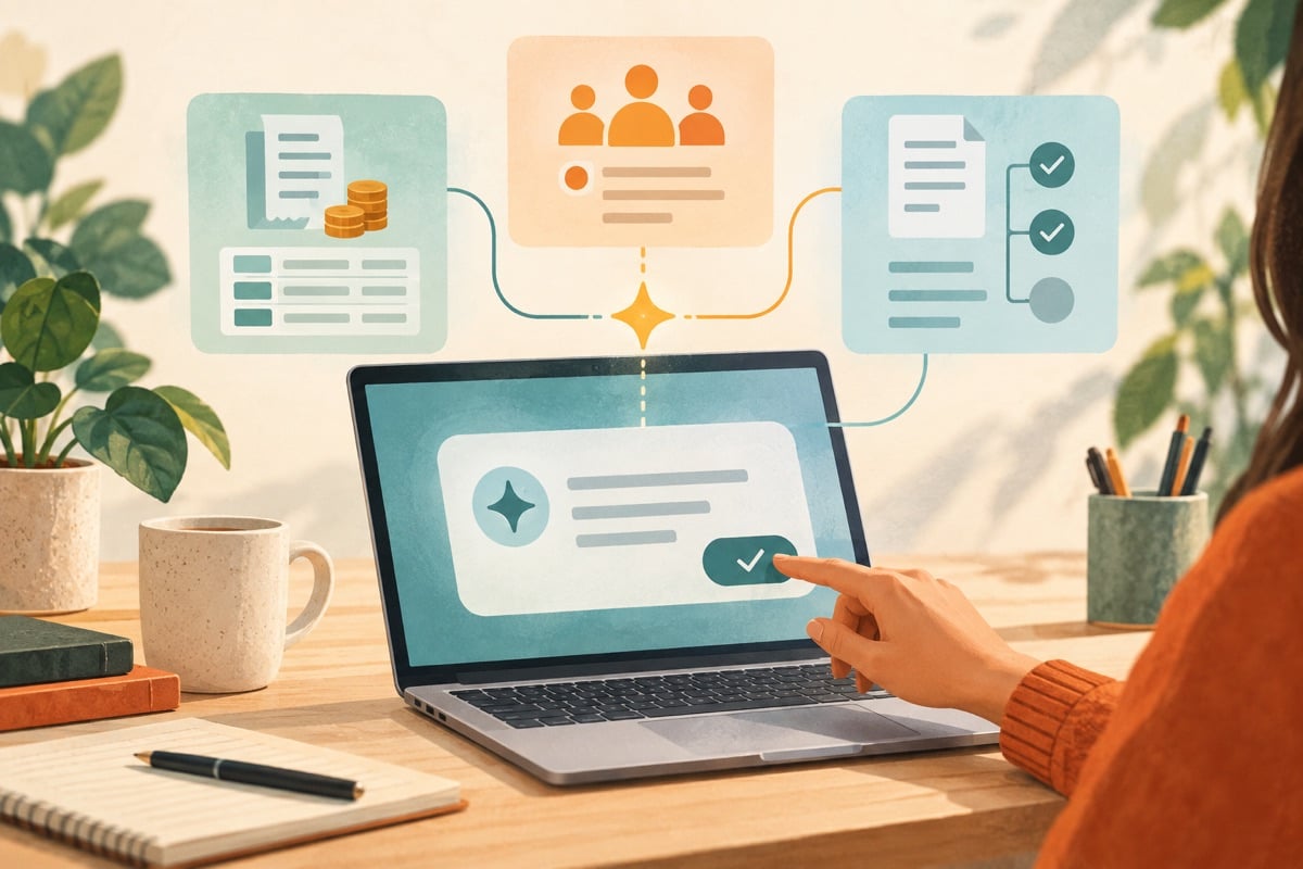 Illustratie van een AI-assistent die taken binnen bedrijfssoftware met elkaar verbindt.