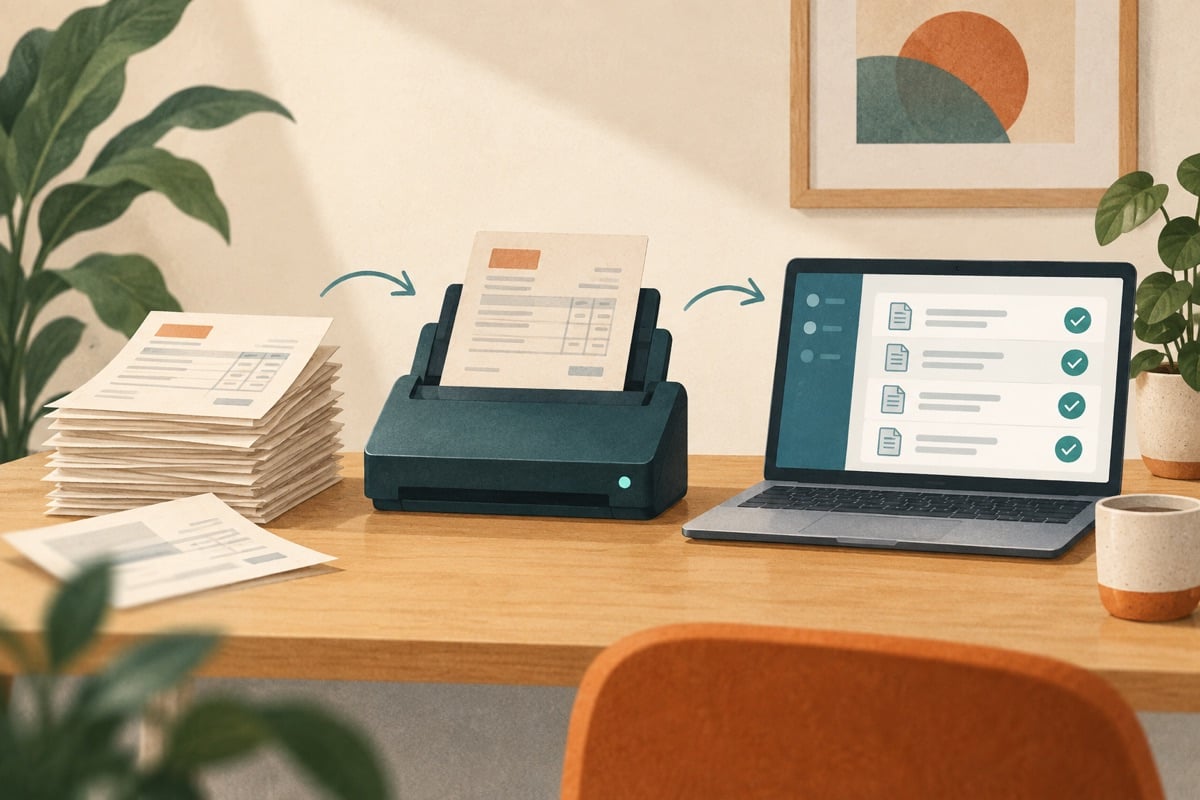 Illustratie van facturen die via een scanner in een digitale administratie terechtkomen.