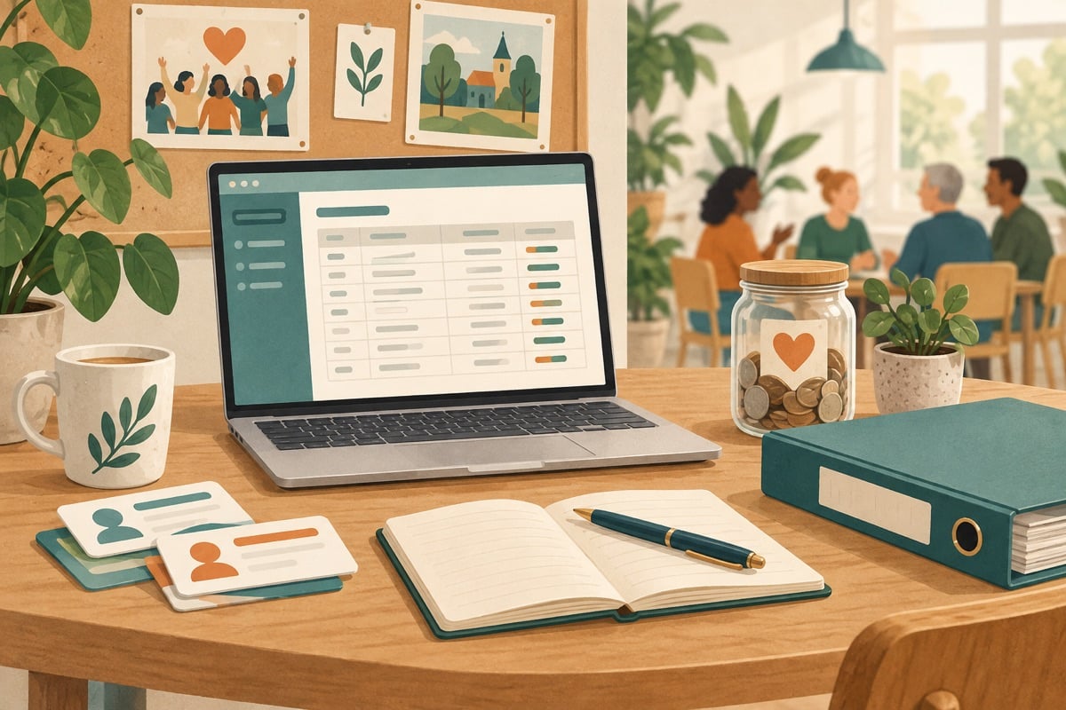 Illustratie van een verenigingsadministratie met ledenkaarten, een donatiepot en een boekhoudscherm.