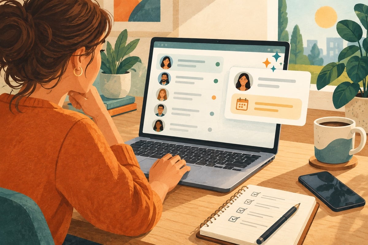 Illustratie van klantopvolging met AI-suggesties in een CRM-scherm.