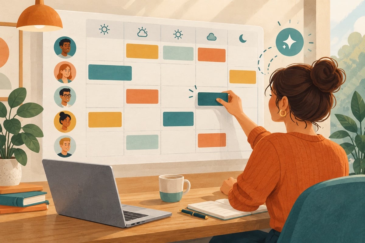 Illustratie van een personeelsrooster met beschikbaarheid en ingeplande diensten.