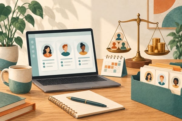 Illustratie van een laptop met personeelskaarten, een verlofkalender en een weegschaal met munten.