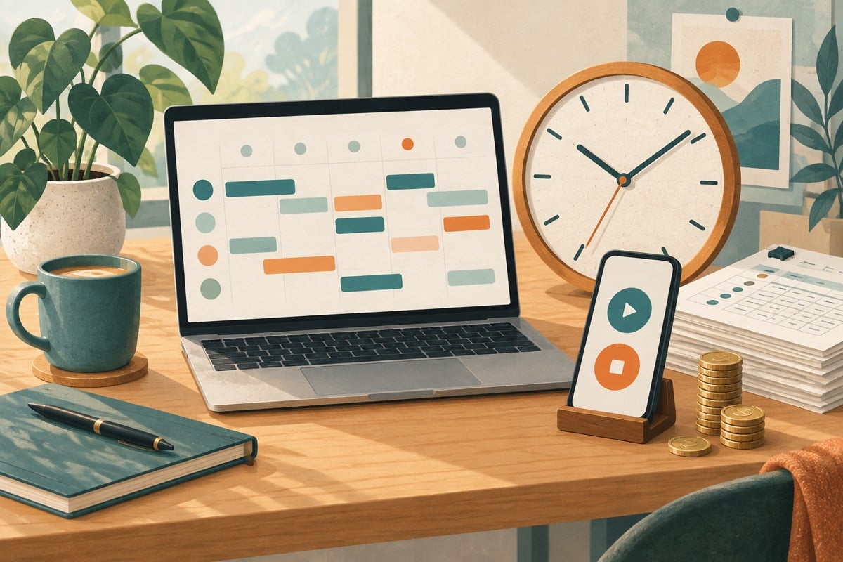 Illustratie van een laptop met een weekrooster, een grote klok, een telefoon met startknop en urenbriefjes.